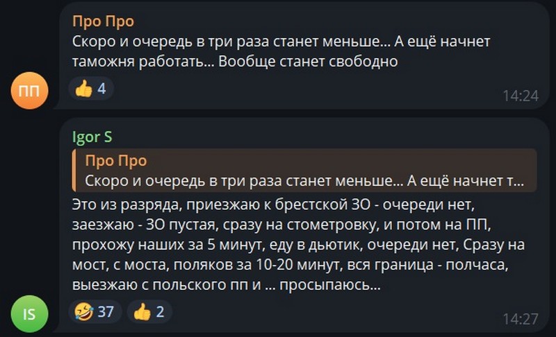 Шутка про исчезновение очередей на выезд из Бреста в Польшу. Скриншот чата